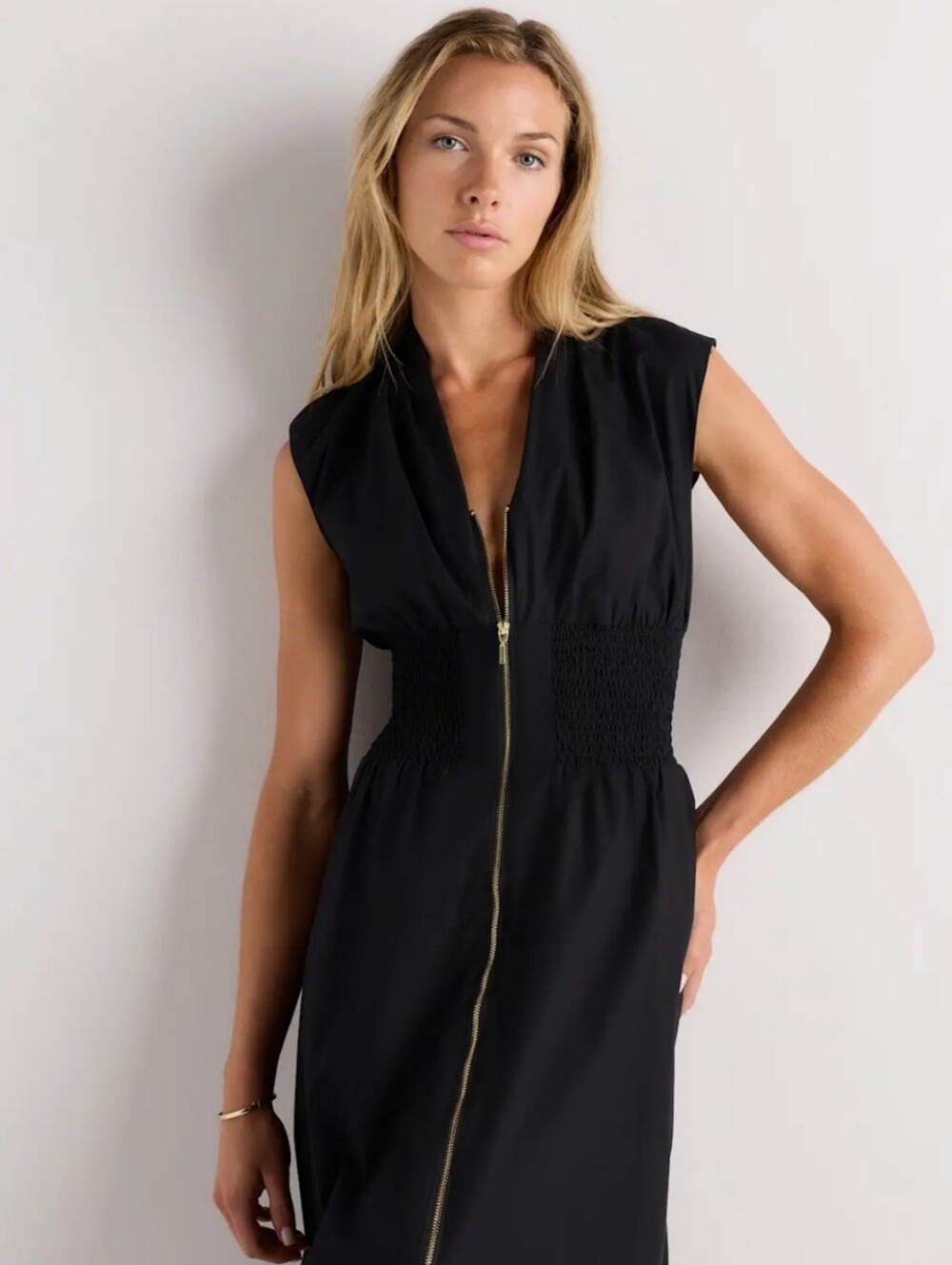 Quince Women's 100% Organic Cotton Poplin Zip-Front Midi Dress, Large, Black - Picture 4 of 14